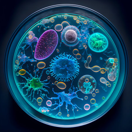Bacteria and virus in laboratory petri dish with DNA strand banner. AI generatedの素材