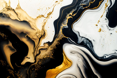 Marble ink white black gold abstract background. Modern luxury alcohol ink painting. Generative AIの素材