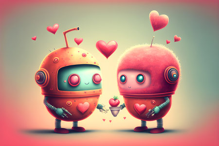 Happy Valentines Day card concept. Two robots in love giving heart plant flower Valentine's Day gift. Generative AIの素材