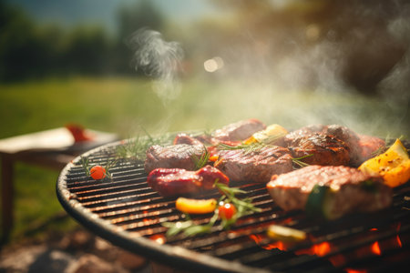 Steaks are grilled with vegetables on a grill outside on a sunny day. Summer barbecue party concept. Generative AIの素材