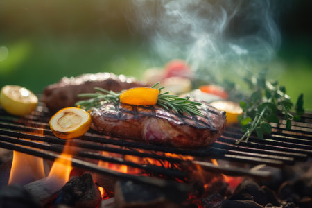 Steaks are grilled with vegetables on a grill outside on a sunny day. Summer barbecue party concept. Generative AIの素材