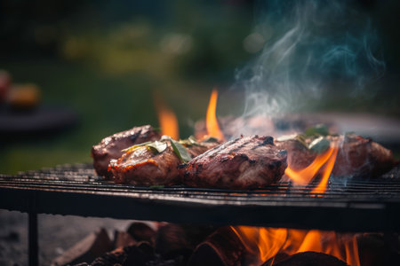 Steaks are grilled with vegetables on a grill outside on a sunny day. Summer barbecue party concept. Generative AIの素材