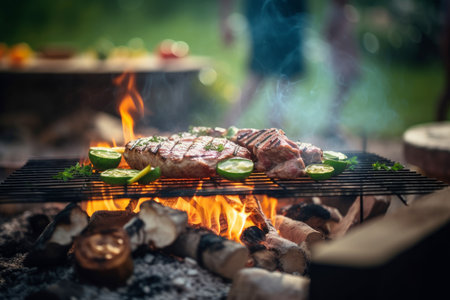 Steaks are grilled with vegetables on a grill outside on a sunny day. Summer barbecue party concept. Generative AIの素材