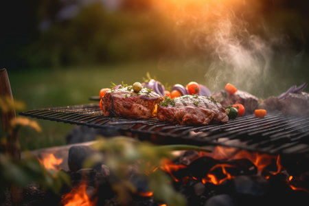 Steaks are grilled with vegetables on a grill outside on a sunny day. Summer barbecue party concept. Generative AIの素材
