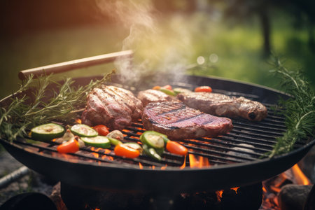 Steaks are grilled with vegetables on a grill outside on a sunny day. Summer barbecue party concept. Generative AIの素材