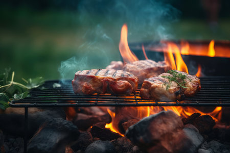 Steaks are grilled with vegetables on a grill outside on a sunny day. Summer barbecue party concept. Generative AIの素材