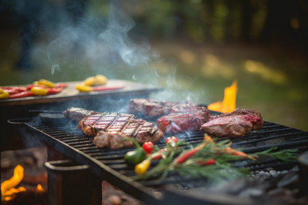 Steaks are grilled with vegetables on a grill outside on a sunny day. Summer barbecue party concept. Generative AIの素材