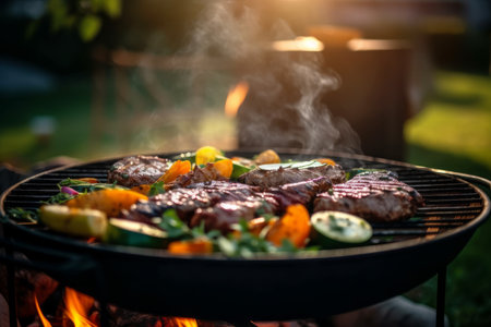 Steaks are grilled with vegetables on a grill outside on a sunny day. Summer barbecue party concept. Generative AIの素材