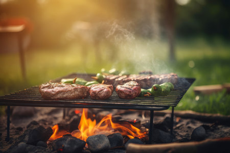 Steaks are grilled with vegetables on a grill outside on a sunny day. Summer barbecue party concept. Generative AIの素材
