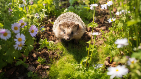 Hedgehog in the garden with daisies and daisiesの素材