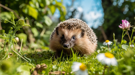 Young hedgehog walking in the sunny gardenの素材