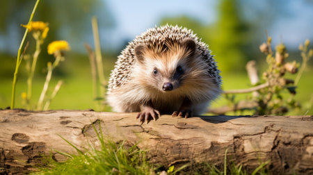 Young hedgehog walking in the sunny gardenの素材