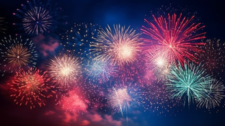 Colorful fireworks of various colors over night sky. Abstract background.の素材