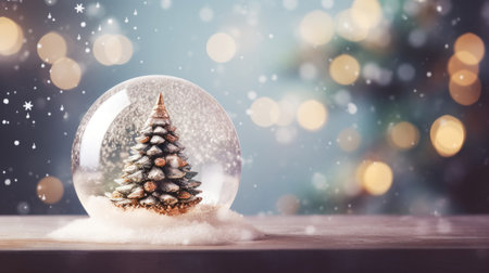 Snow globe with Christmas tree on wooden table, bokeh backgroundの素材
