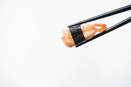 shrimp Sushi in shop stick on isolated white backgroundの写真素材