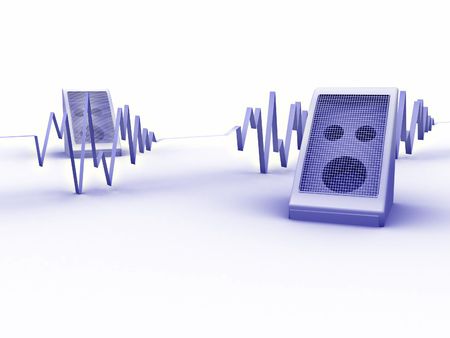 3d rendered image of a pair of speakers and a soundwave.の写真素材