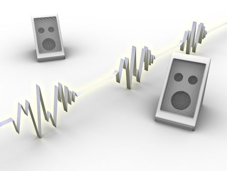 3d rendered image of a pair of speakers and a soundwave.の写真素材