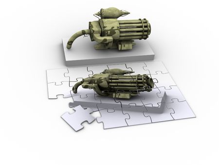 A fantasy weapon containing a musket, a gatling gun, a lazercannon and an all powerfull rocket launcher. With a puzzle of the weapon beneath.の写真素材