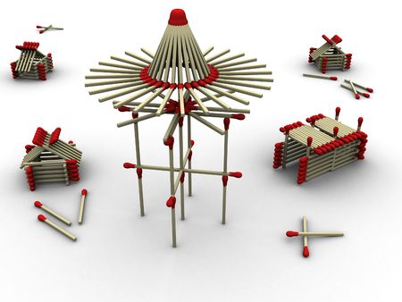 3d rendered image of a mill and some housing and storage made up of matches. Very highly detailed.の写真素材