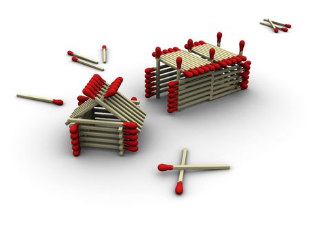 3d rendered image of a tiny farm made up of matches.の写真素材
