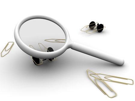 3d rendered image of a magnifying glass with paperclips and paperclip autos.の写真素材