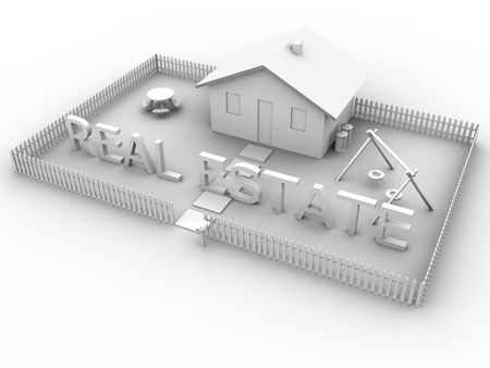 3d rendered image of a house with the words real estate.の写真素材