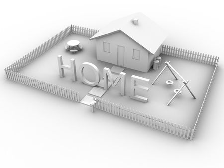 3d rendered image of a house with a yard and the word home.の写真素材
