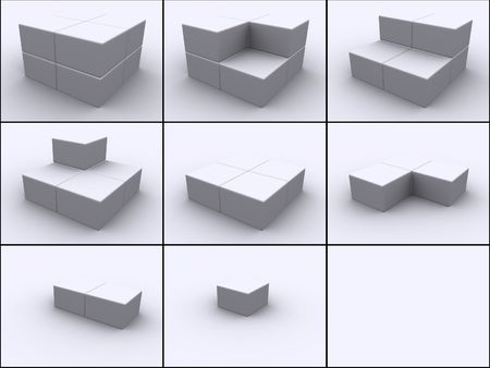 3d rendered image of 8 boxes put together cube by cube in 9 steps.の写真素材