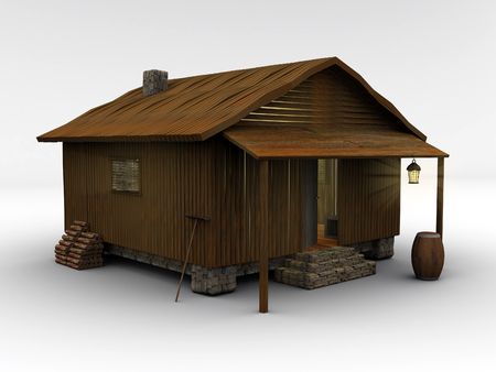 3d rendered wooden cabin standing on white ground. This is a cabin from one of my other images, isolated against a white ground.の写真素材