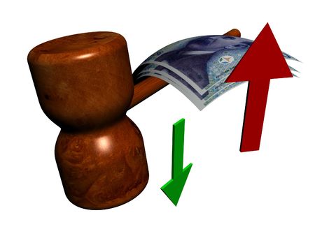 An auctioning club, some bills and pointing arrows. rendered in 3dsmax.の写真素材