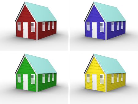 3d rendered image of 4 differently colored houses. Red, Green, Blue and Yellow. Isolated and highly detailed. Each house in 1500x1125 pixels.の写真素材