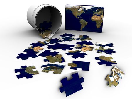 3d rendered image of a jigsaw-puzzle, in a bucket, of the world, USA in focus. high quality.の写真素材