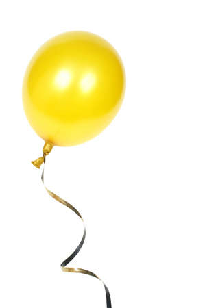 Yellow balloon with ribbon isolated on white backgroundの写真素材