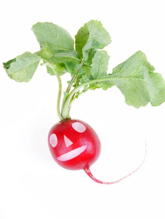 Red fresh radisch with a smile close-up over white backgroundの写真素材