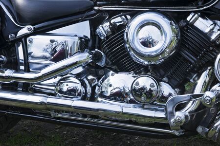 Chromed motorcycle engine close-up