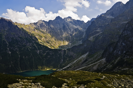 View of the lake in the valley of the eye and the Black Sea pond in Polish mountains, Tatrasの写真素材