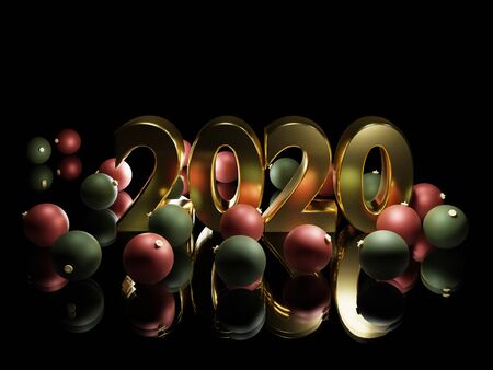 2020 New Year Eve concept in luxury gold and black studio set with christmas ornaments - 3d...