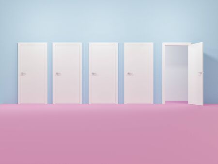 Room with closed doors with the exception of one door open - 3d renderingの写真素材