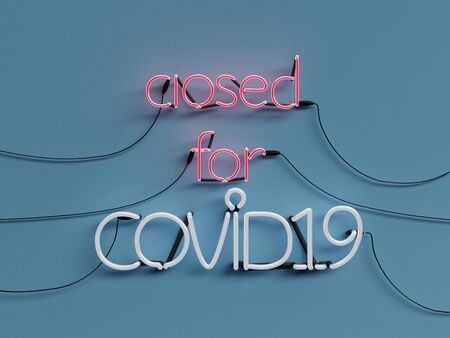 Closed for COVID19 Alert neon graphic sign with blue background with closed for words mode on with...