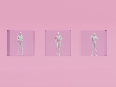 Mens isolated in transparent boxes as a safety conceptの写真素材