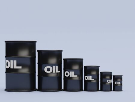 Oil black Barrels in minimalism set ordered by size from high to low frontal view with copyspace -...
