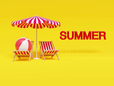 Beach chairs with and umbrella and a beach ball in a yellow vibrant background with the summer letters at the side - 3d rendering conceptの写真素材