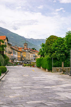 Portrait view of the Cannobio boulevard at the shore of Lago Maggiore by day, Piedmont, Italy, - June 13, 2020のeditorial素材