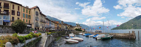 Panorama of the Touristic Port of Cannobio an small town at the shores of the Lago Maggiore, Piedmont, Italy, - June 13, 2020のeditorial素材