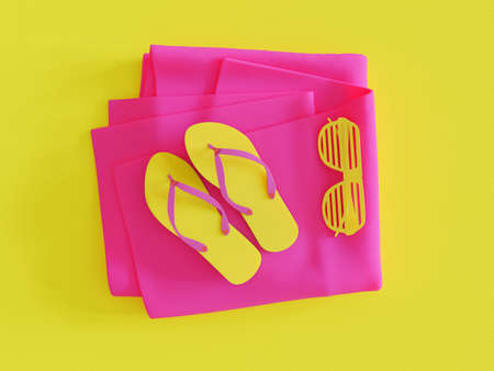 Summer Shutter Sunglasses Flip Flop sandals in yellow and magenta towel minimalistic above view - 3d renderingの写真素材