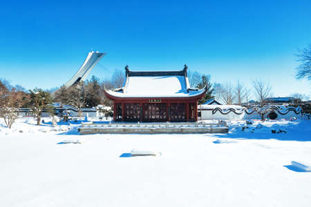 January 24, 2021 - Montreal Botanical Garden, Quebec, Canada - Chinese Garden in Winter with snow