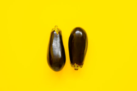 Pair of aubergines isolated in yellow background viewed from above - flatlay lookの写真素材