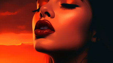 Her lips were bright and bold like a summer sunset created with Generative AIの素材