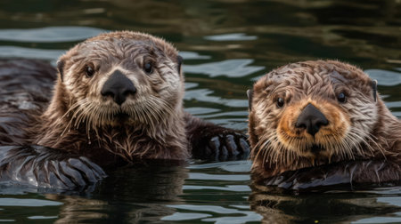 Goofy sea otters floating on their backs created with Generative AIの素材