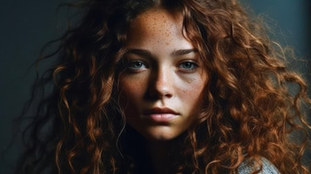 Her hair falls in soft waves around her delicate face framing it perfectly created with Generative AIの素材